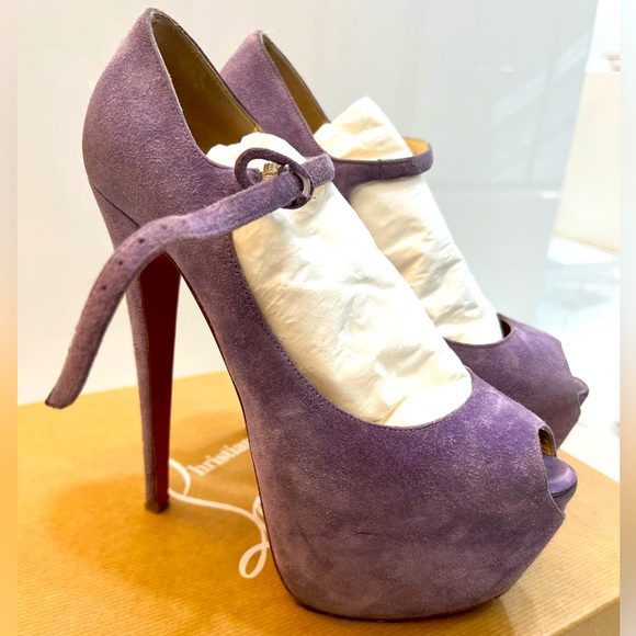 AUTH CHRISTIAN LOUBOUTIN Peep Toe Platform Mary Jane Daf Highness 160 -Purple 39 - Picture 1 of 5